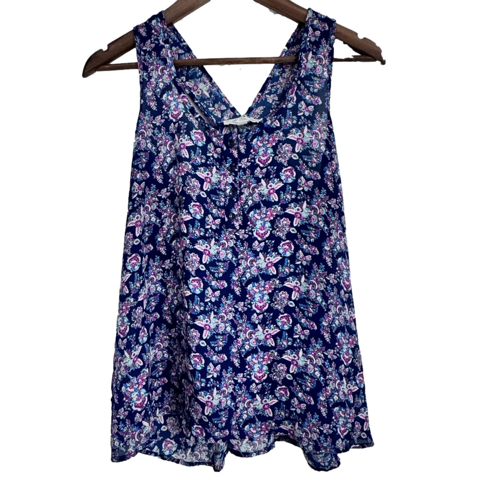 Pink Rose Henley Tank Top Women's L Blue Pink Teal Floral Crossback Shirt
